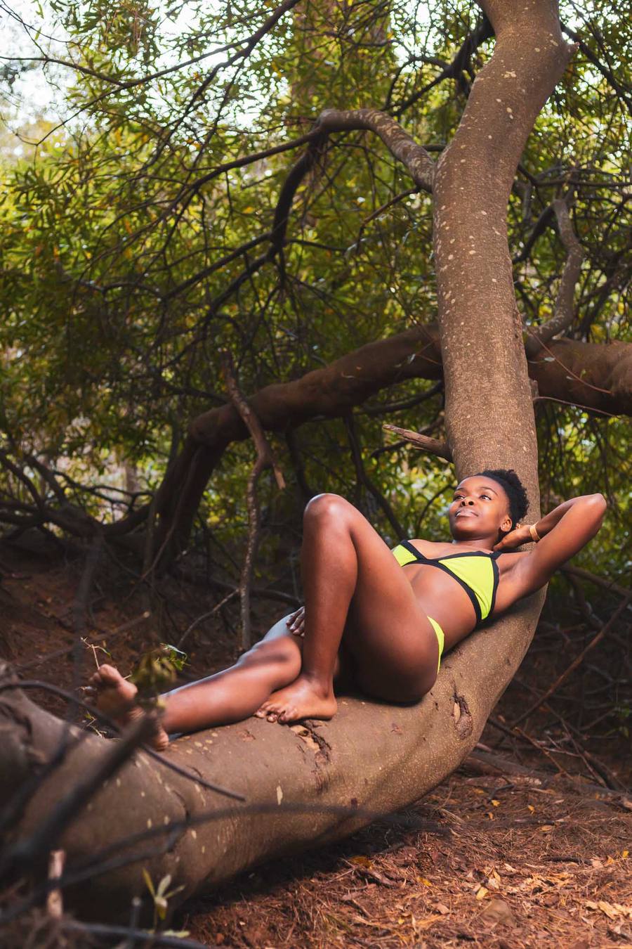 Woman in yellow bikini reclining on tree branch in forest
